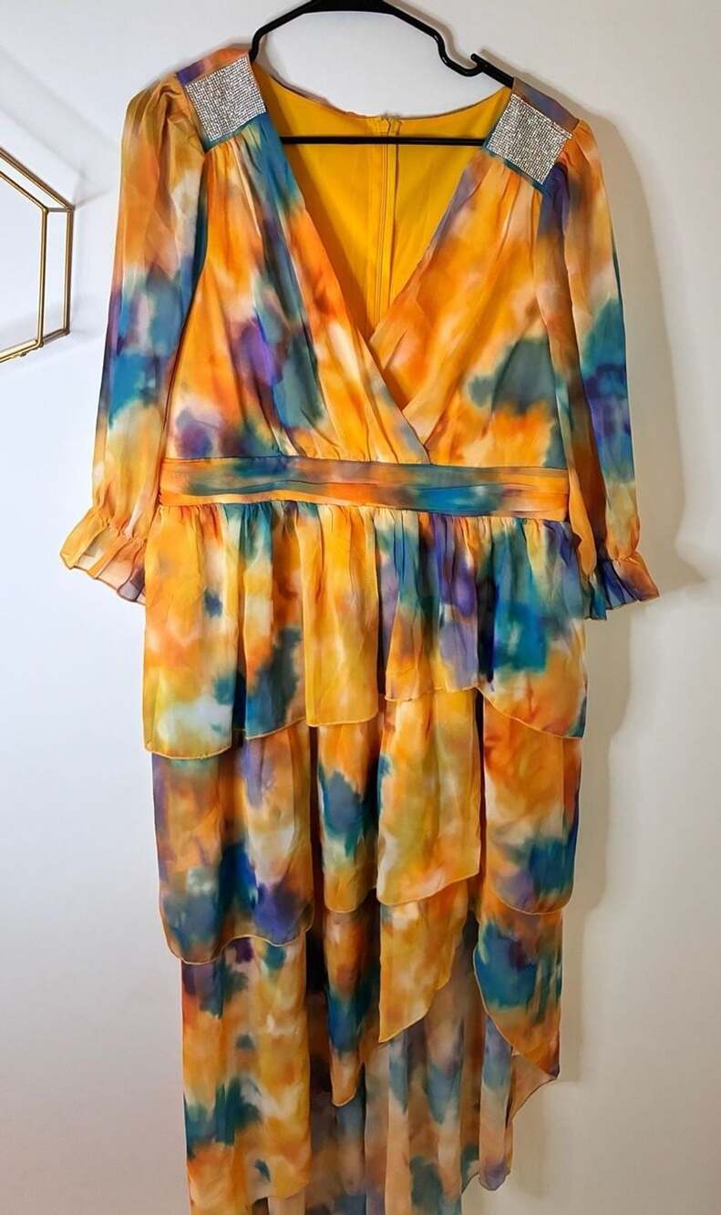 Tie-Dye Chiffon High-Low Ruffle Maxi Dress 1XL